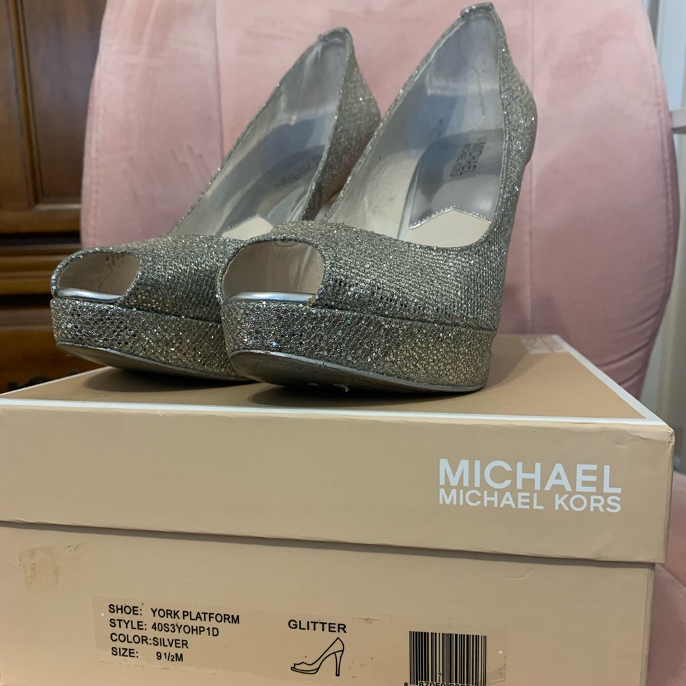 Michael Kors York Glitter Platform Silver Peep Toe